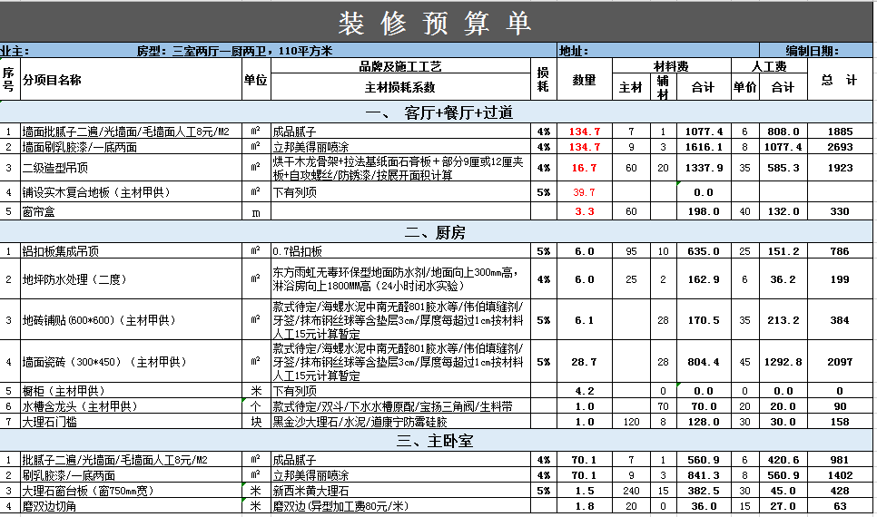 110平家庭装修预算表硬装报价excel模板