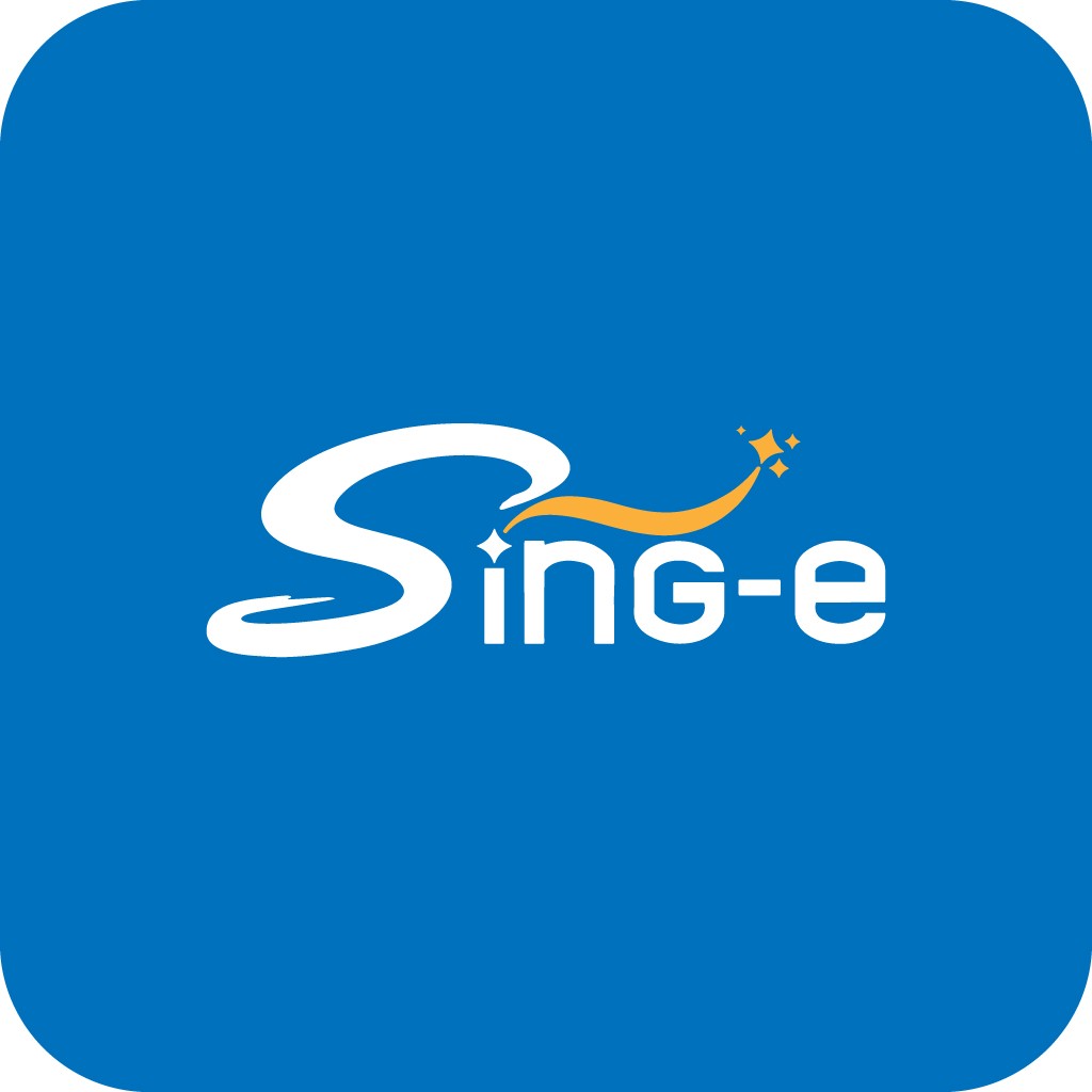 蓝色背景下的'Sing-e-e'logo设计