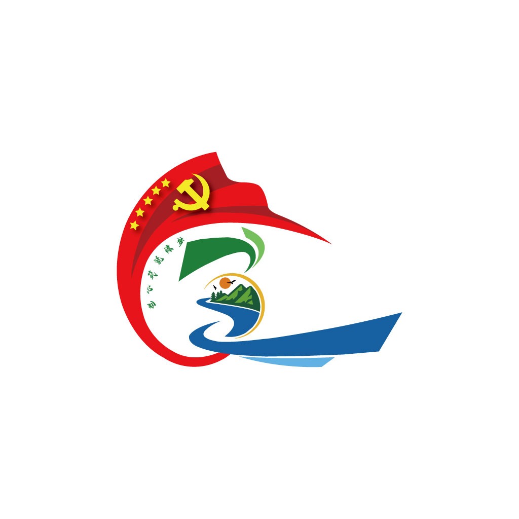 红色镰刀锤子与绿色山河的党建logo设计