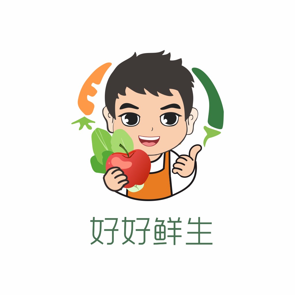 健康食品logo设计:可爱卡通形象与新鲜蔬菜水果结合
