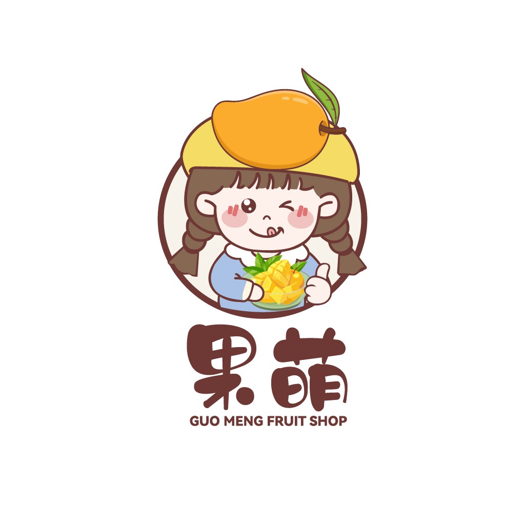 可爱水果店logo设计:萌趣女孩与芒果