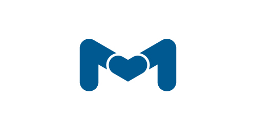 蓝色心形字母M logo设计