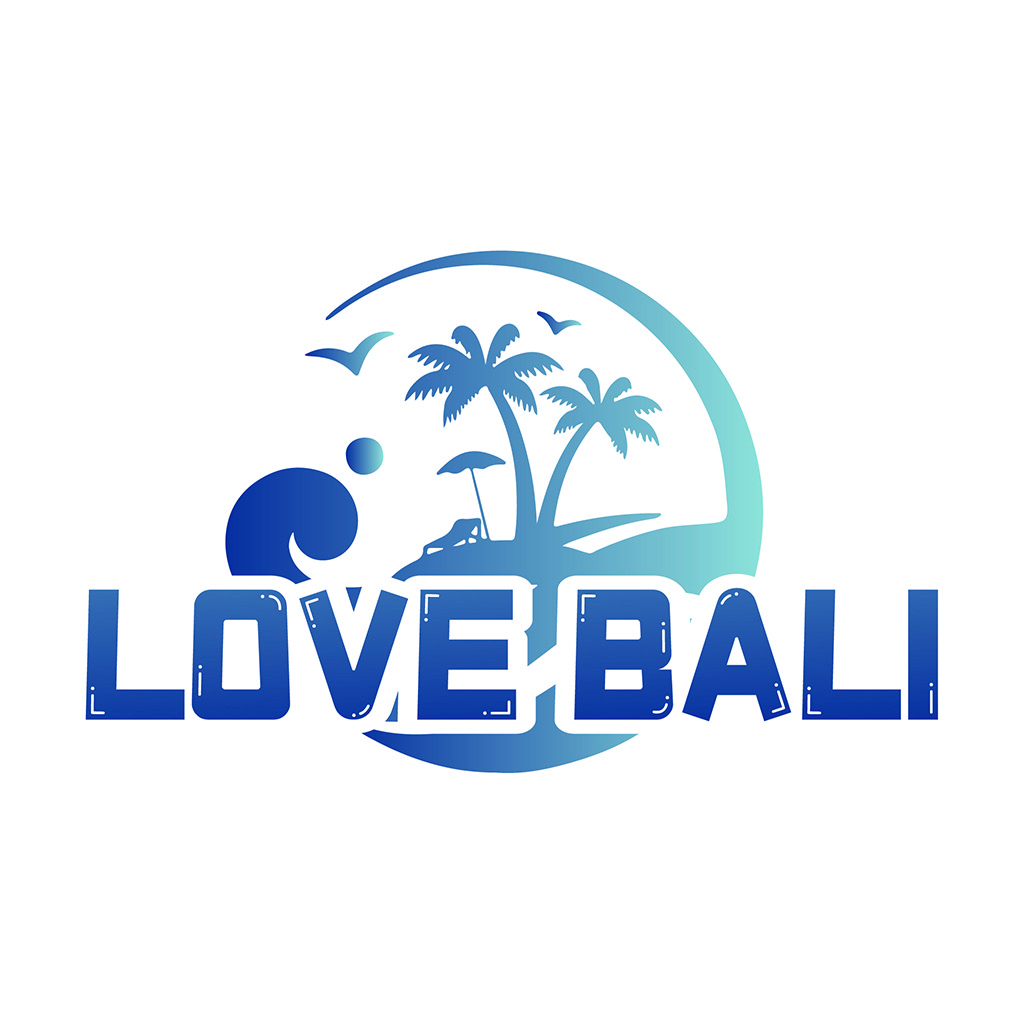 蓝色渐变海滩元素的Love Bali Logo设计