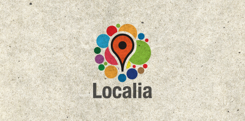 Localalia logo设计:多彩圆点与定位针结合