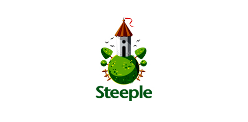 Steeplele Logo设计：绿色地球与塔楼的创意结合