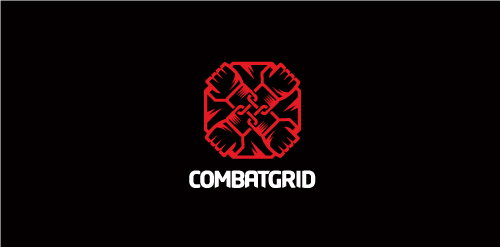 红色拳头组合图案的战斗网格logo设计