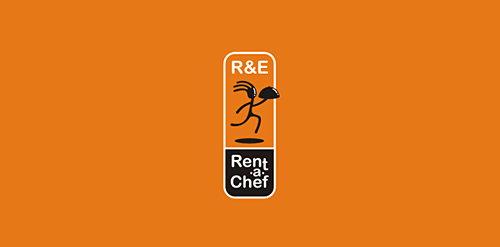 简约橙色背景下的R&E Rent-a-Chef Logo设计