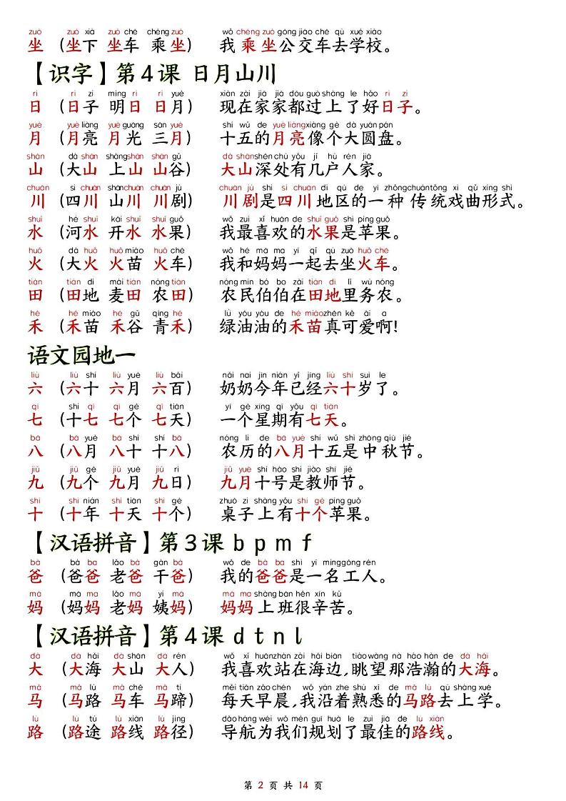 2025秋新版语文一年级-生字拼音组词造句