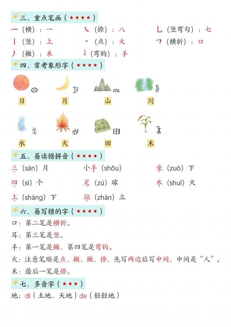 24新版一年级语文上册1-2单元知识点汇总