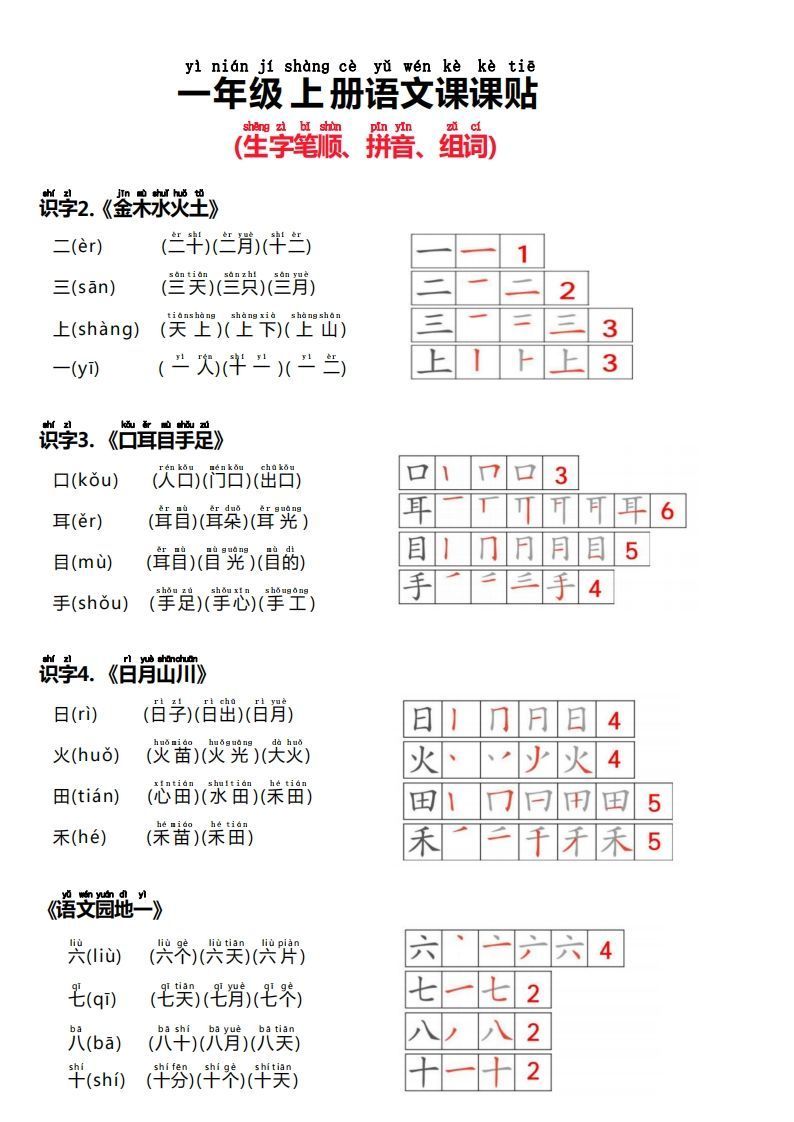 24秋新版一上语文课课贴（生字笔顺、拼音、组词）