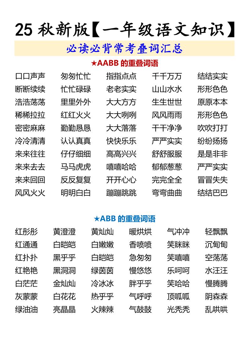 【2025秋新版】【一年级语文知识】必读必背常考叠词汇总-一上语文