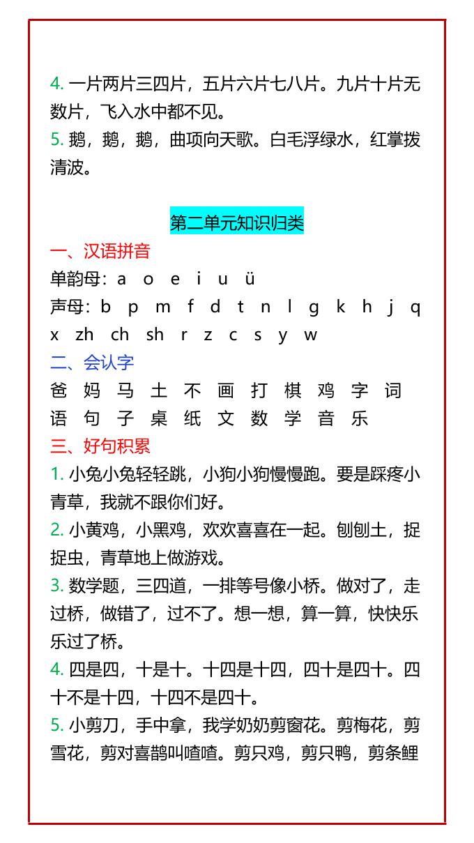 【2025秋新版】一年级语文上册1-4单元重要知识点汇总，学习必备