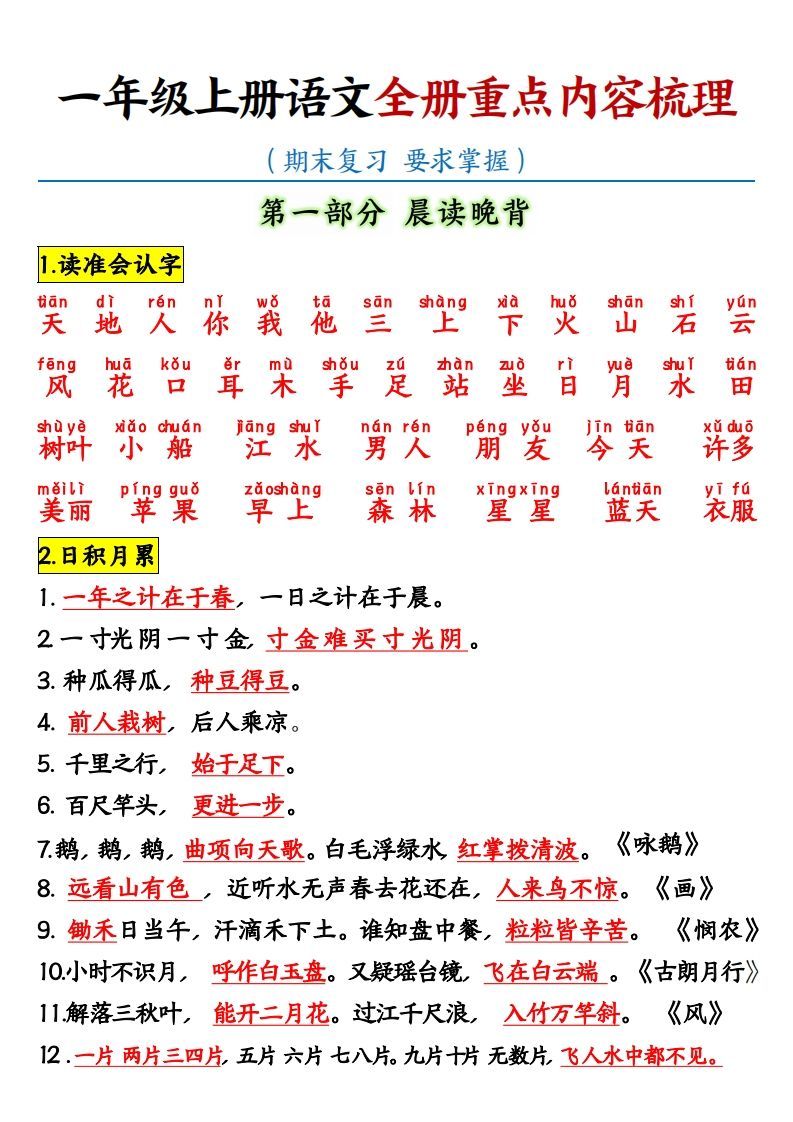 【全册重点知识点汇总】一上语文