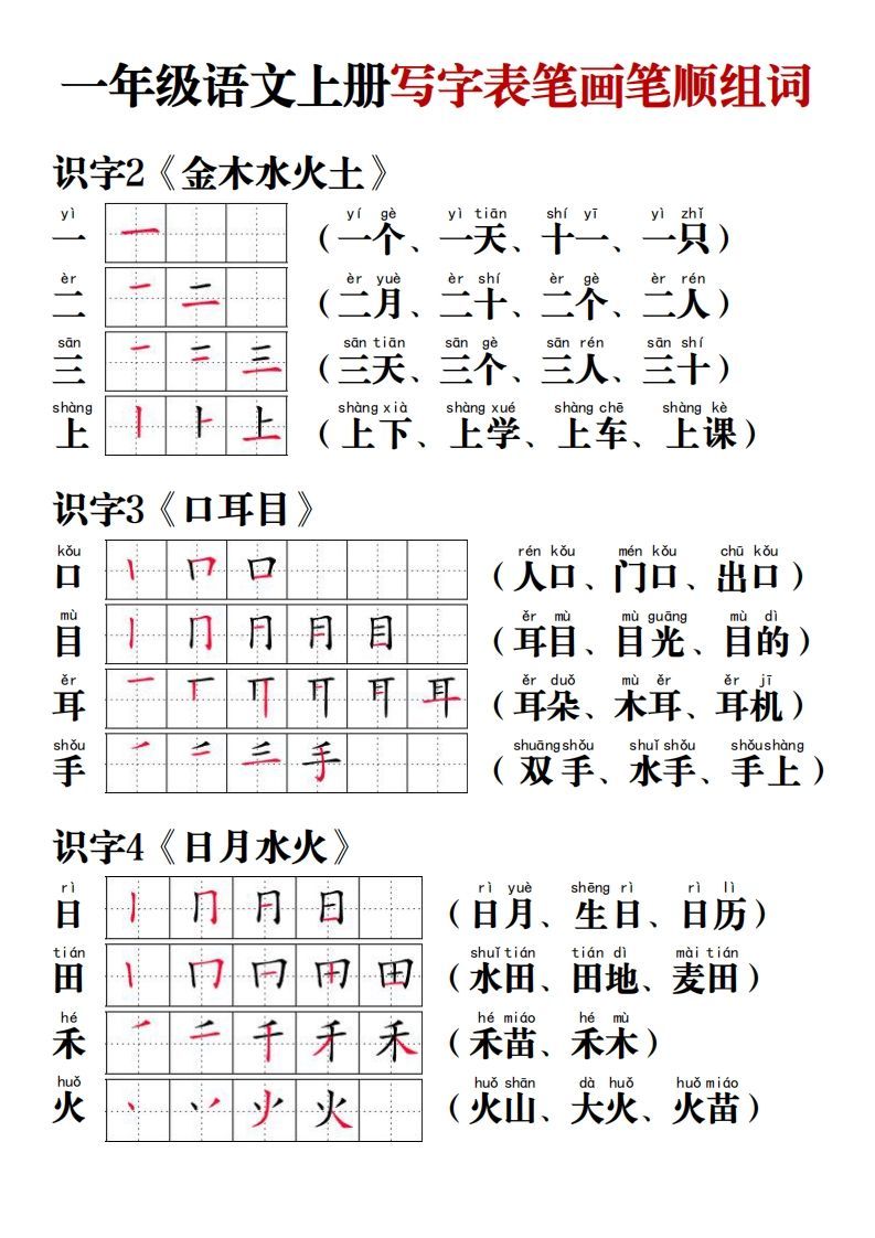 【写字表笔画笔顺组词】一上语文
