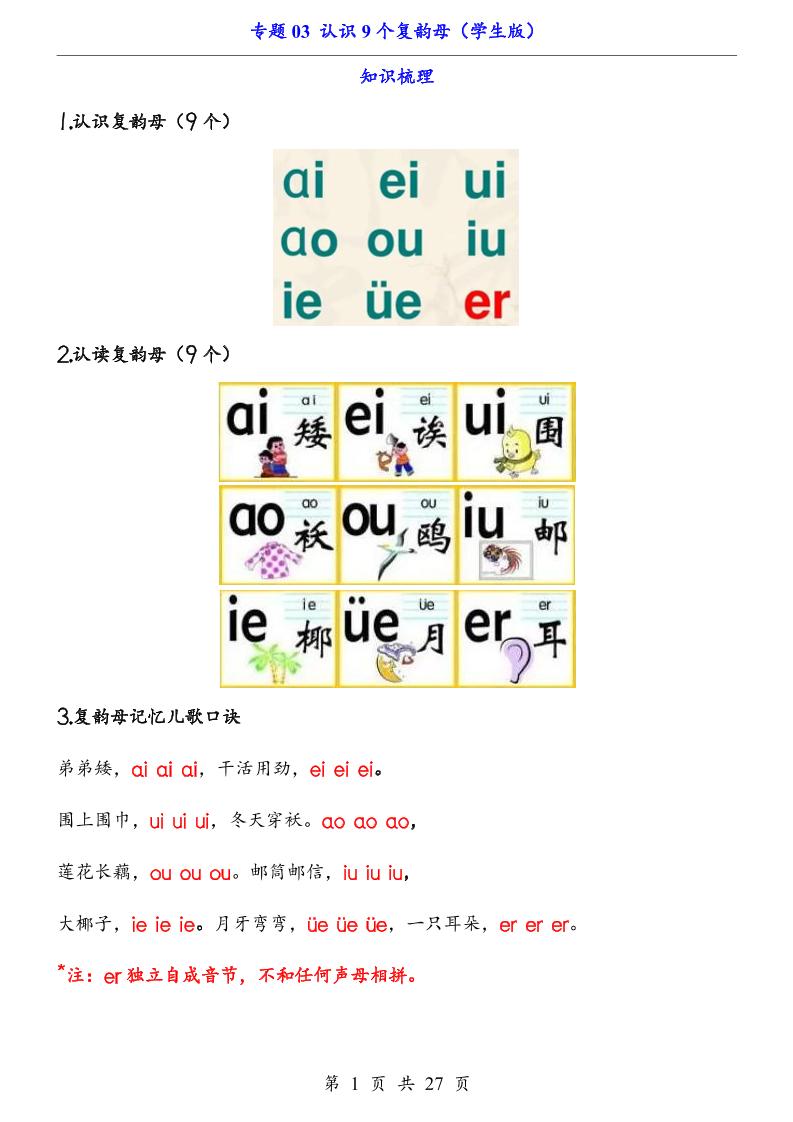 一上语文-专题03认识9个复韵母（知识+训练）