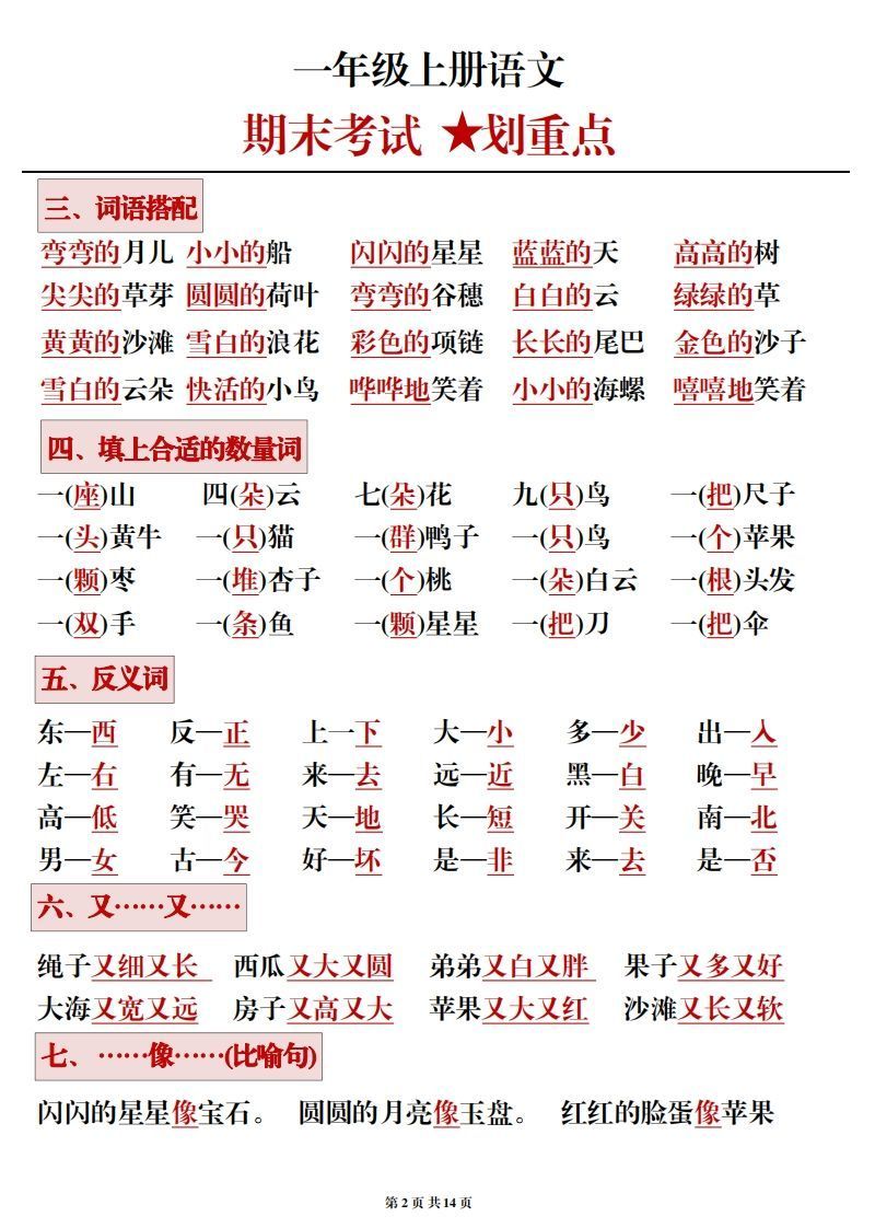 一年级上册语文期末考试划重点