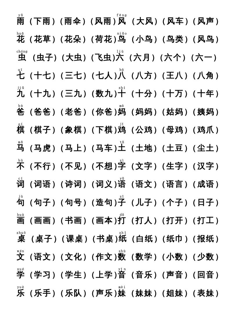 一年级语文上册上识字表生字组词(有答案）（部编版）