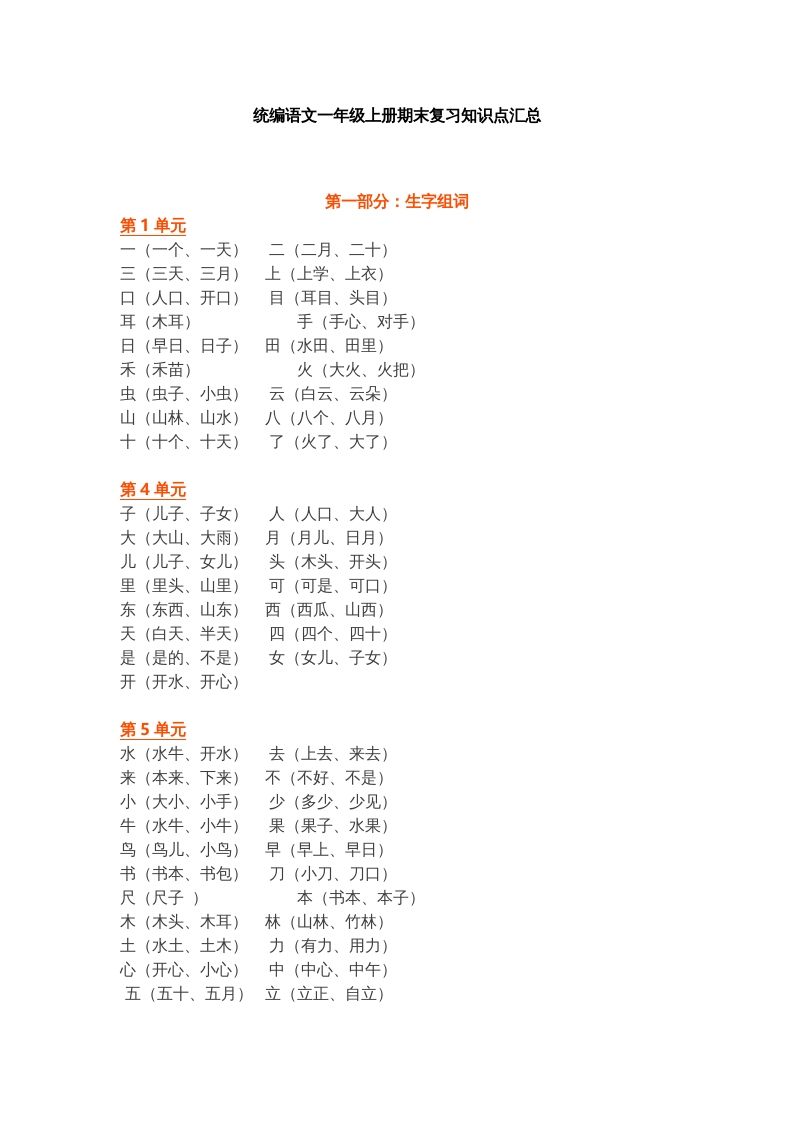 一年级语文上册部编本：统编期末复习知识点汇总（部编版）