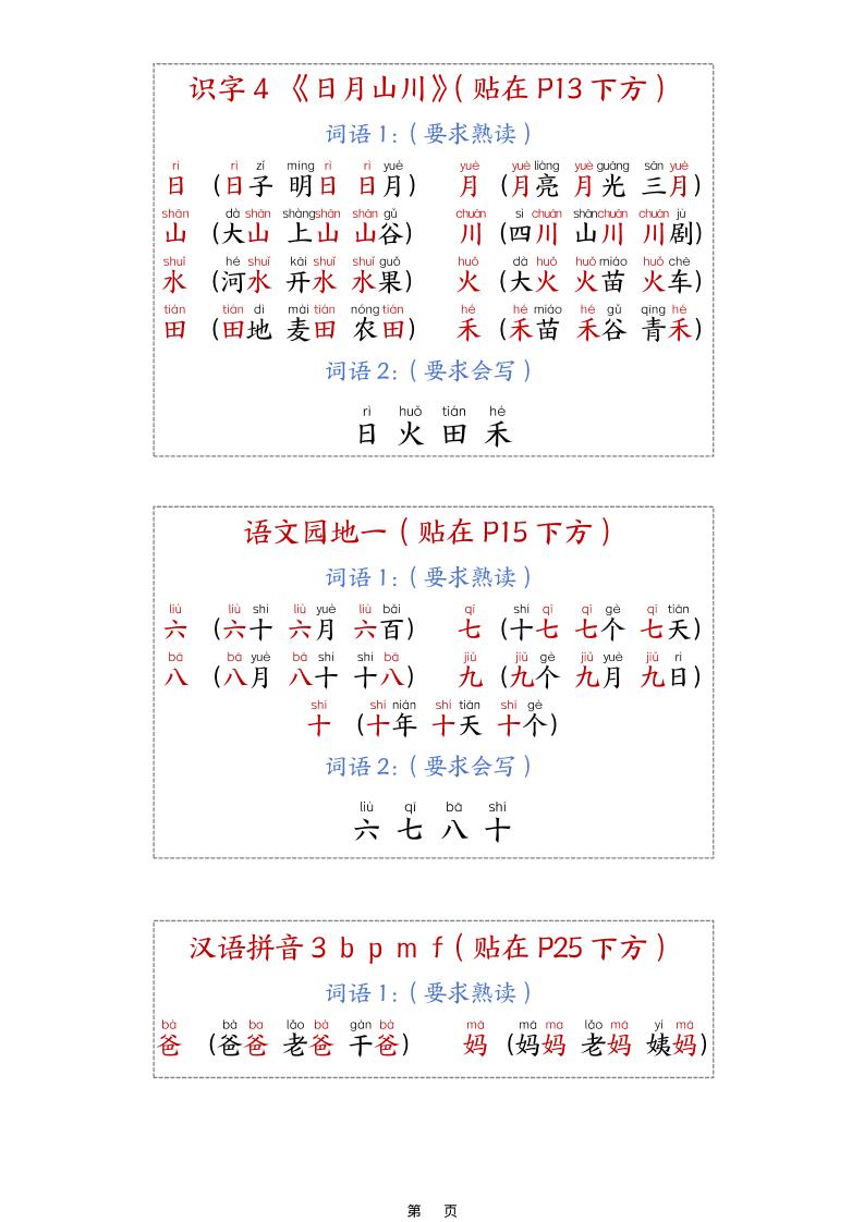 新一上语文生字组词课课贴15页