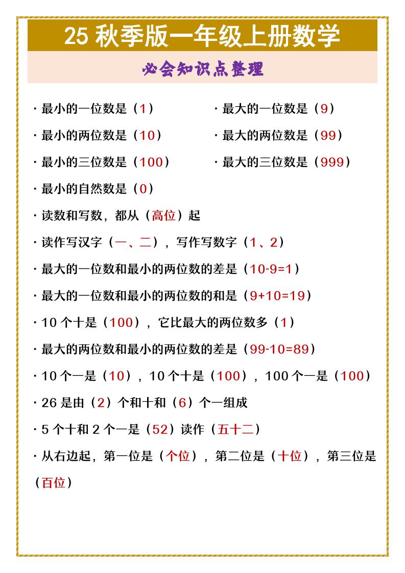 【2025秋新版】一年级上册数学必会知识点整理