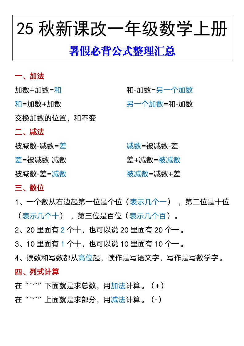 【2025秋新版】一年级数学上册暑假必背公式整理汇总