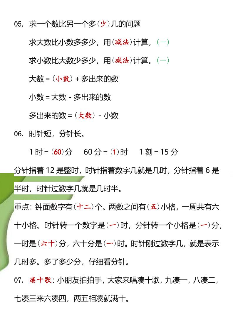 【2025秋新版】一年级数学概念公式填空-一上数学