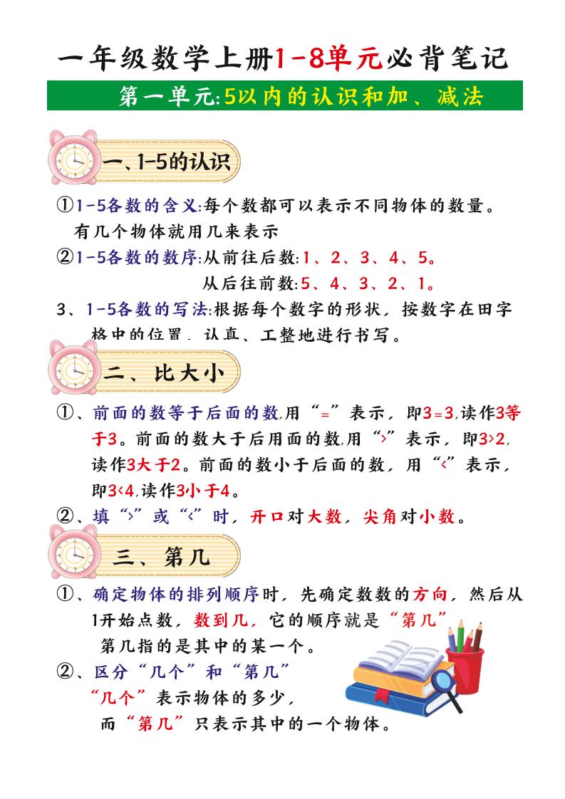 一年级数学上册1-8单元必背笔记