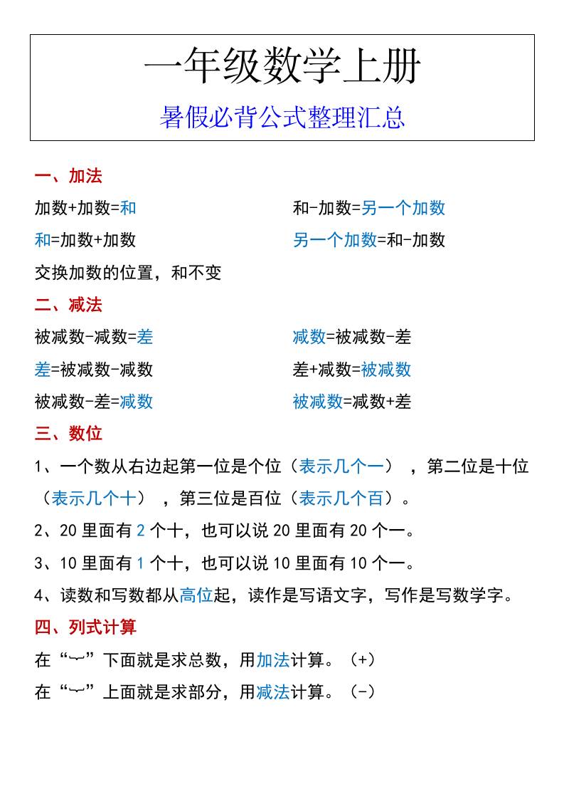 一年级数学上册暑假必背公式整理汇总