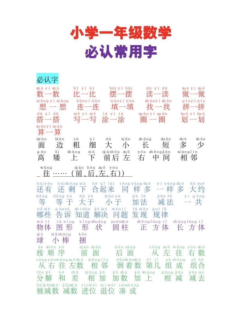 一年级数学必认常用字