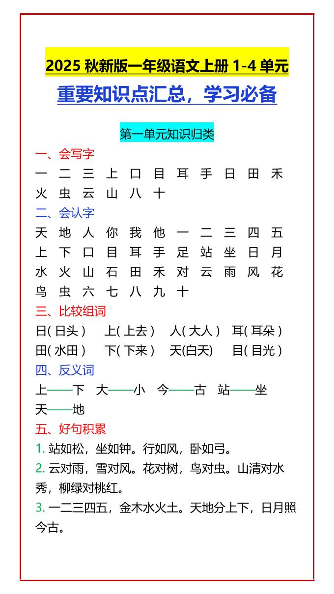 【2025秋新版】一年级语文上册1-4单元重要知识点汇总，学习必备