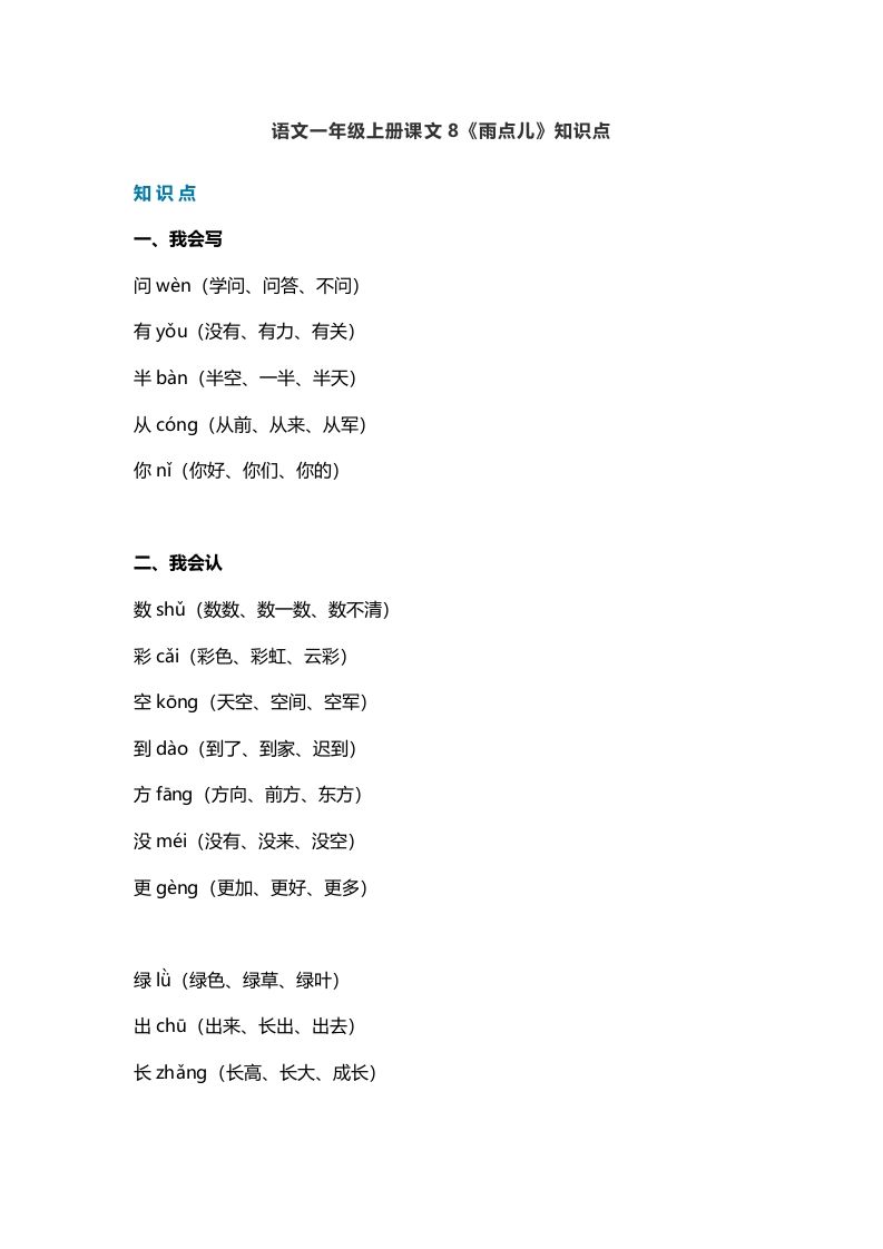 一年级语文上册31课文8《雨点儿》知识点（部编版）