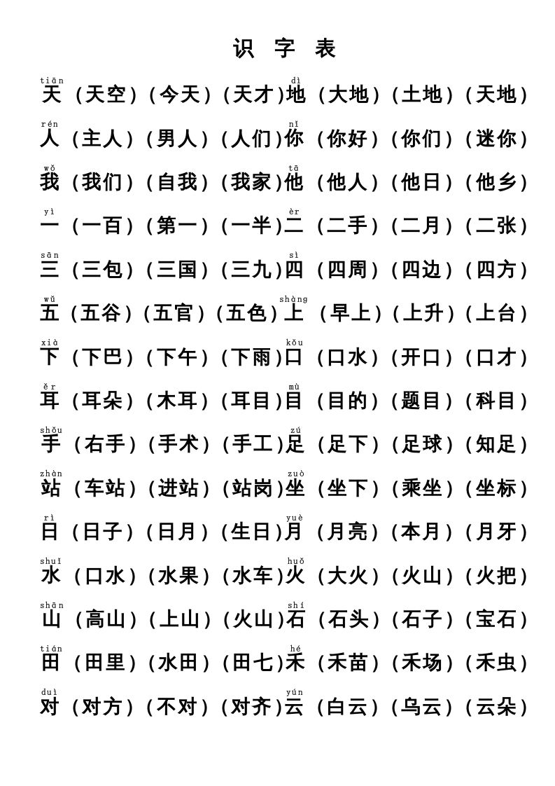 一年级语文上册上识字表生字组词(有答案）（部编版）