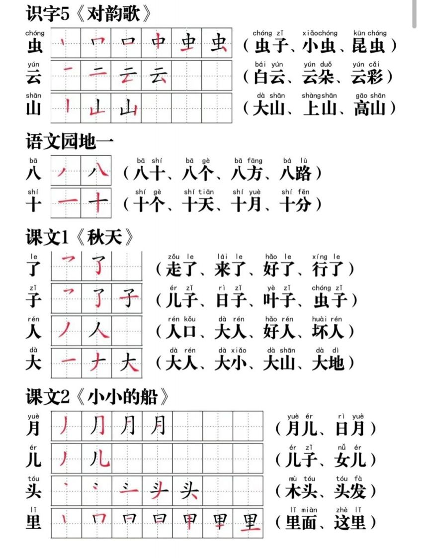 一年级语文上册写字表笔画笔顺组词