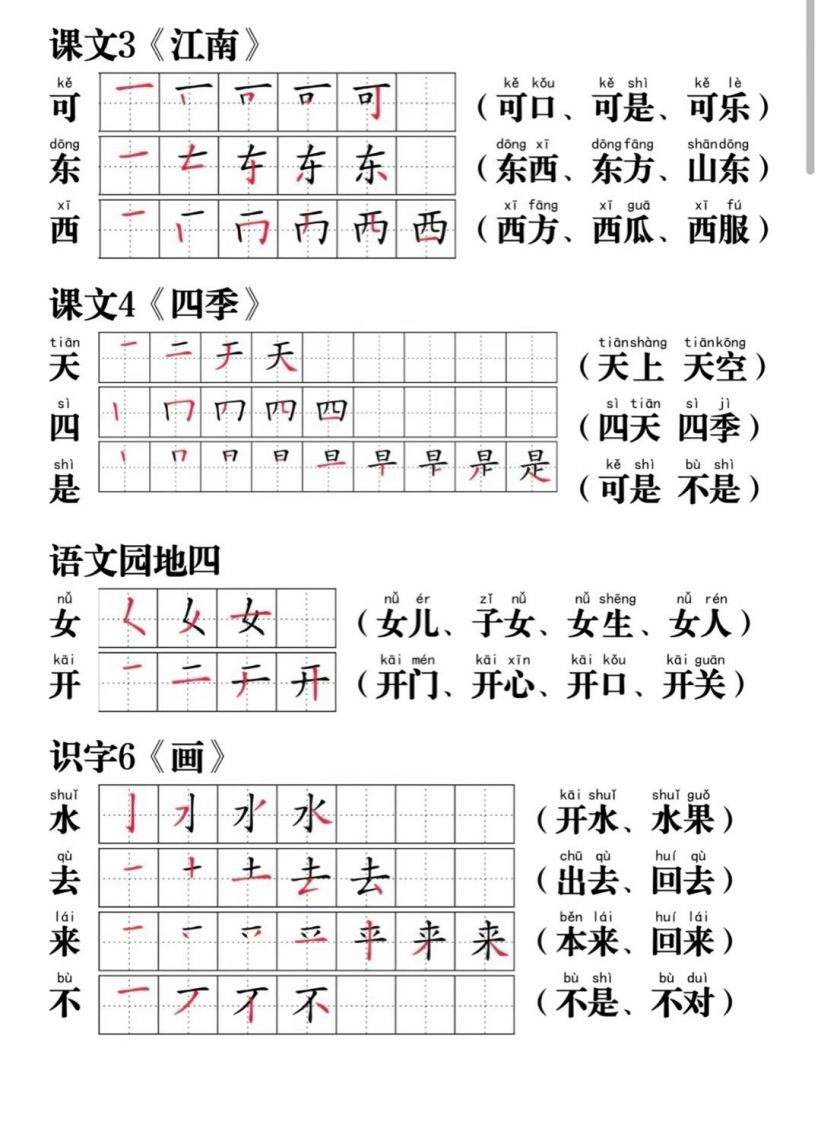 一年级语文上册写字表笔画笔顺组词