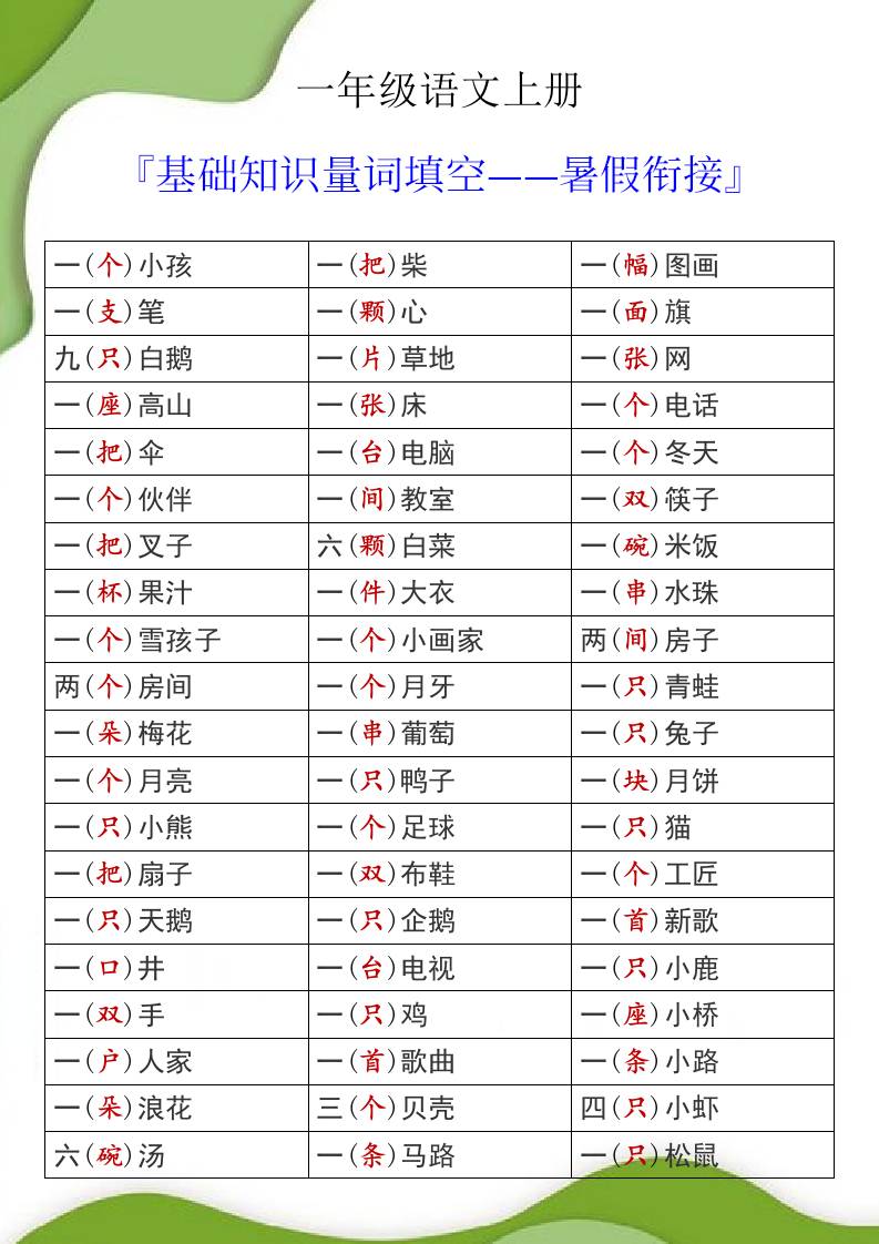 一年级语文上册基础知识量词填空暑假衔接