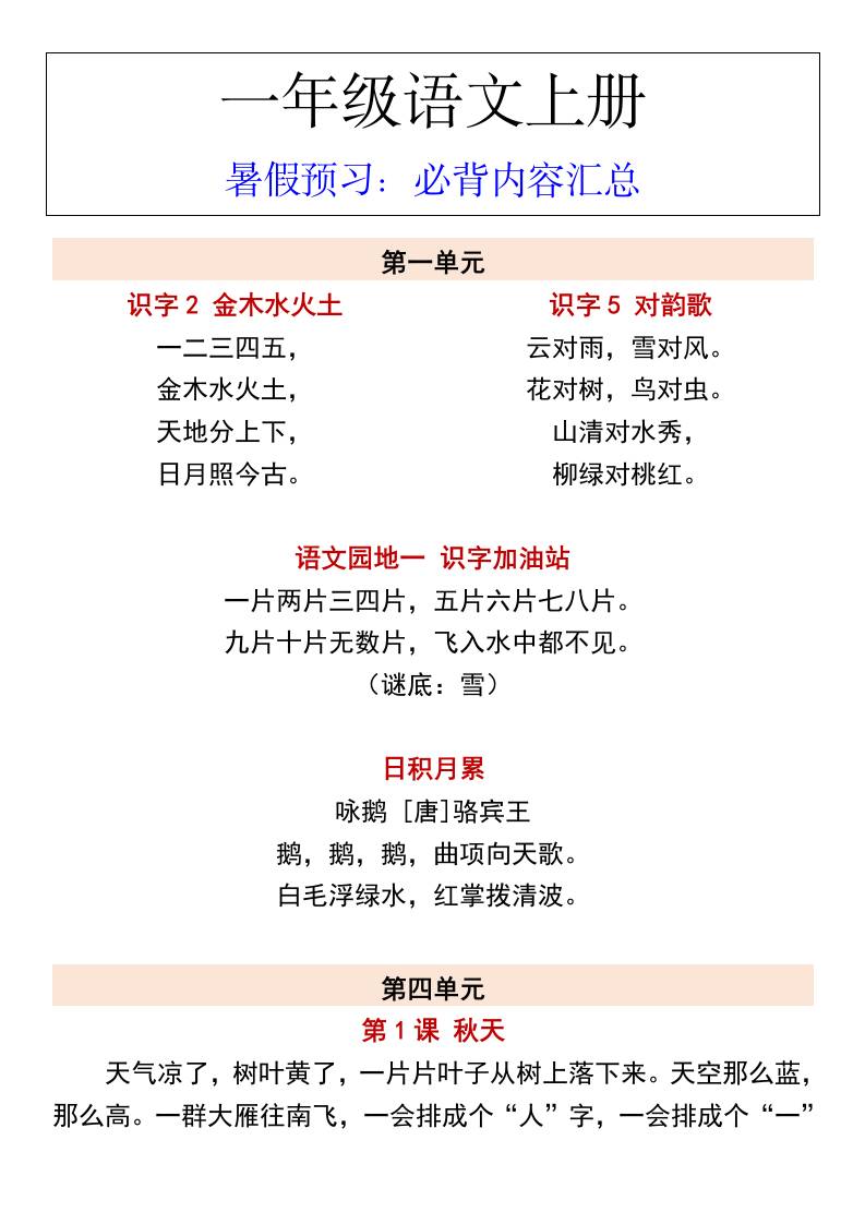 一年级语文上册暑假预习：必背内容汇总
