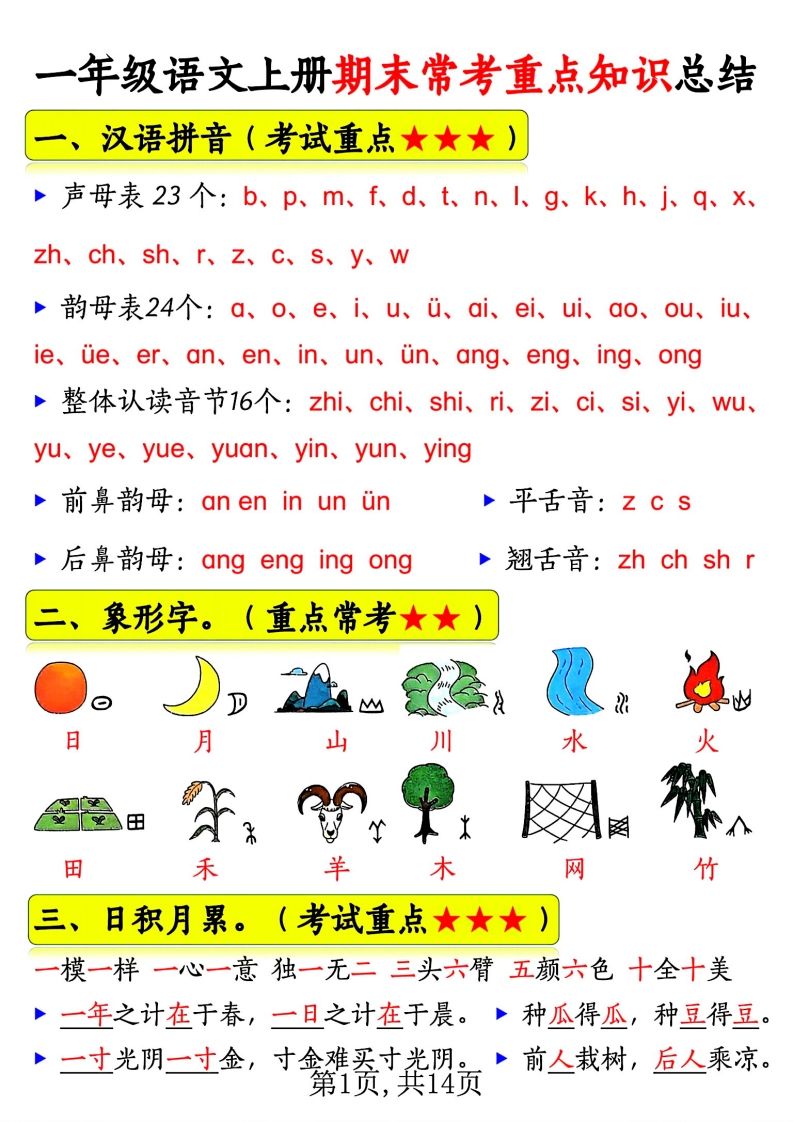 一年级语文上册期末常考重点知识总结