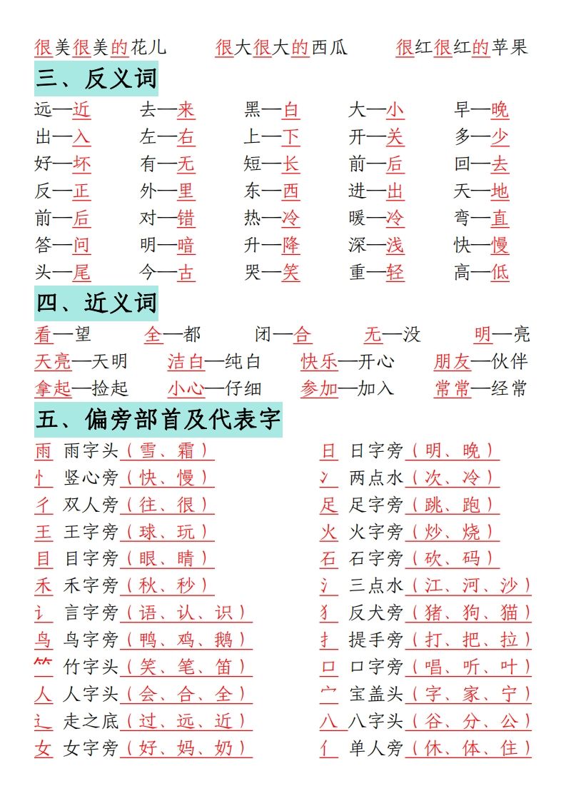 一年级语文上册期末重点复习总结