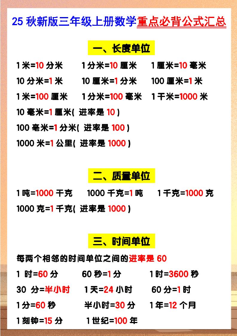 【2025秋新版】三年级上册数学重点必背公式汇总