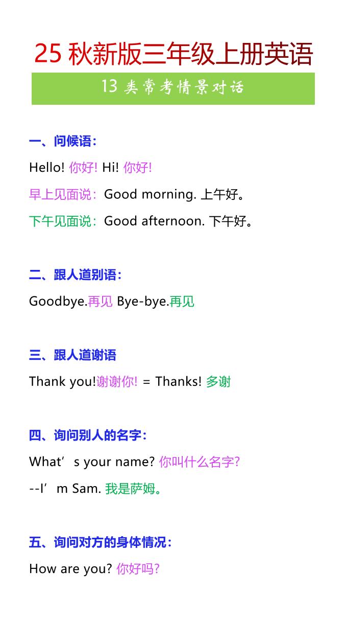 【2025秋新版】三年级上册英语13类常考情景对话