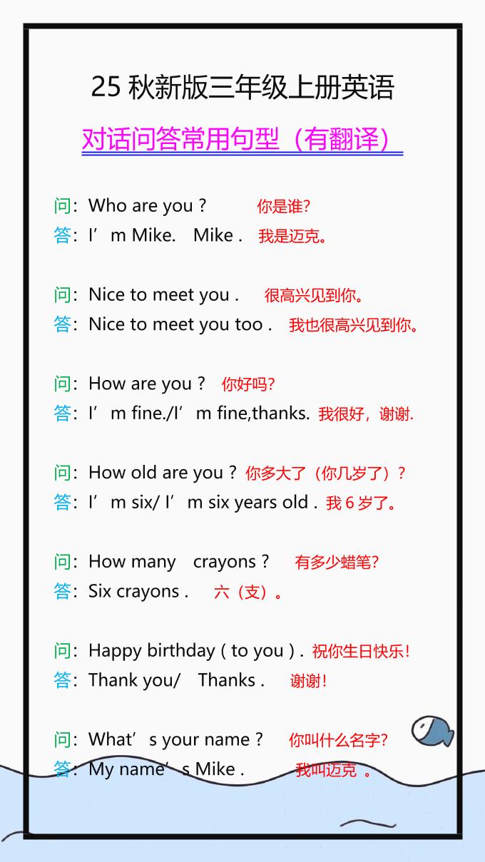 【2025秋新版】三年级上册英语常用句型，读一读，记一记！