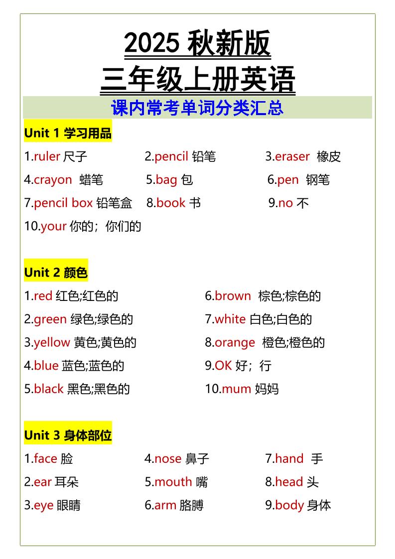 【2025秋新版】三年级上册英语课内常考单词分类汇总