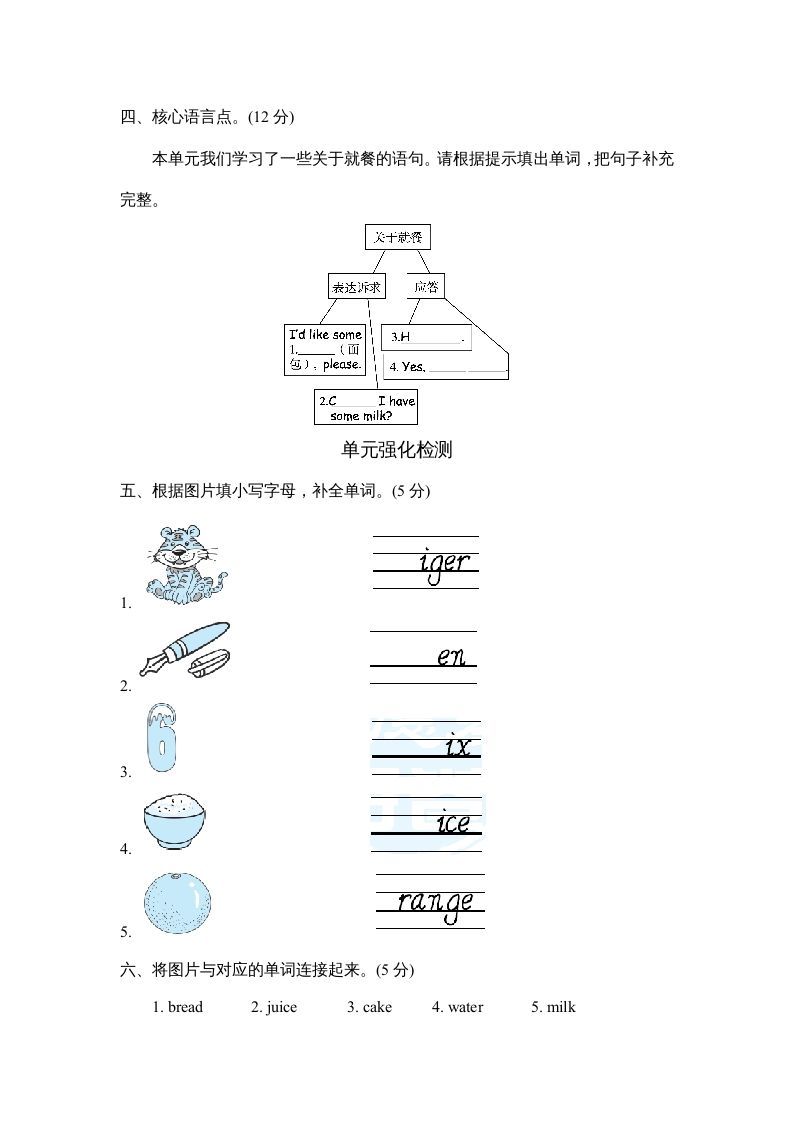 三年级英语上册Unit5单元知识梳理卷（人教PEP）