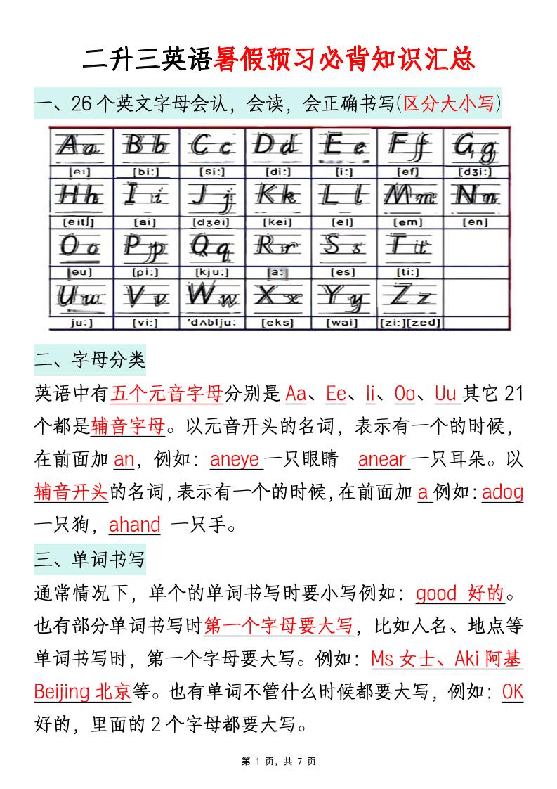 二升三英语暑假预习必背知识汇总通用版7页三上