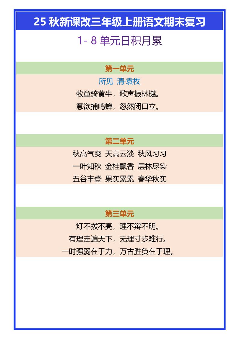 【2025秋新版】三年级上册语文期末复习1-8单元日积月累