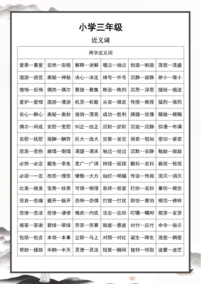 三上语文近义词和反义词汇总