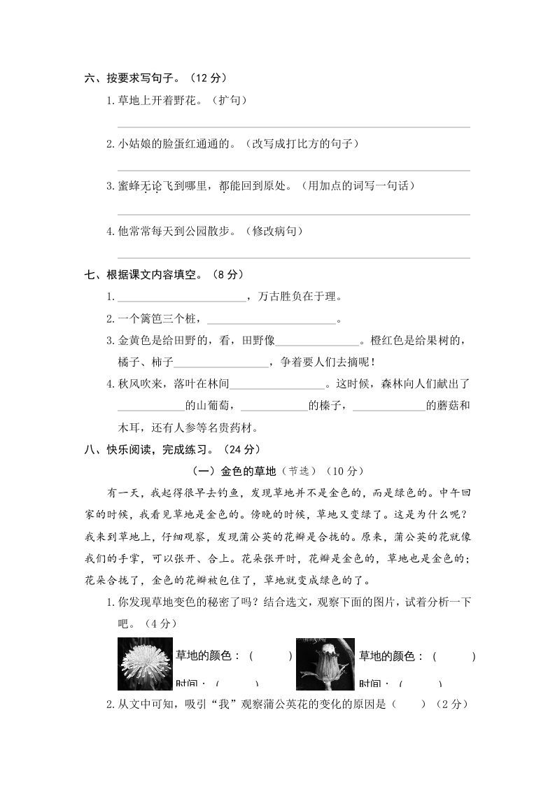 三年级语文上册期末练习(11)（部编版）