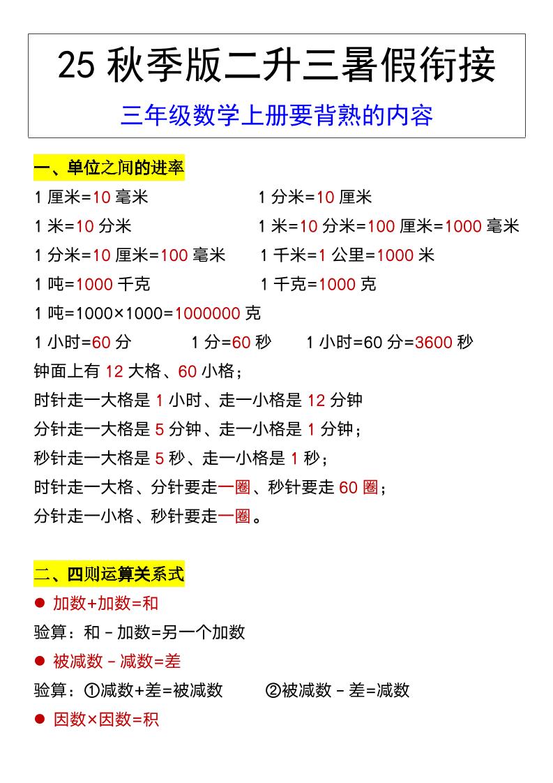 【2025秋新版】三年级数学上册要背熟的内容
