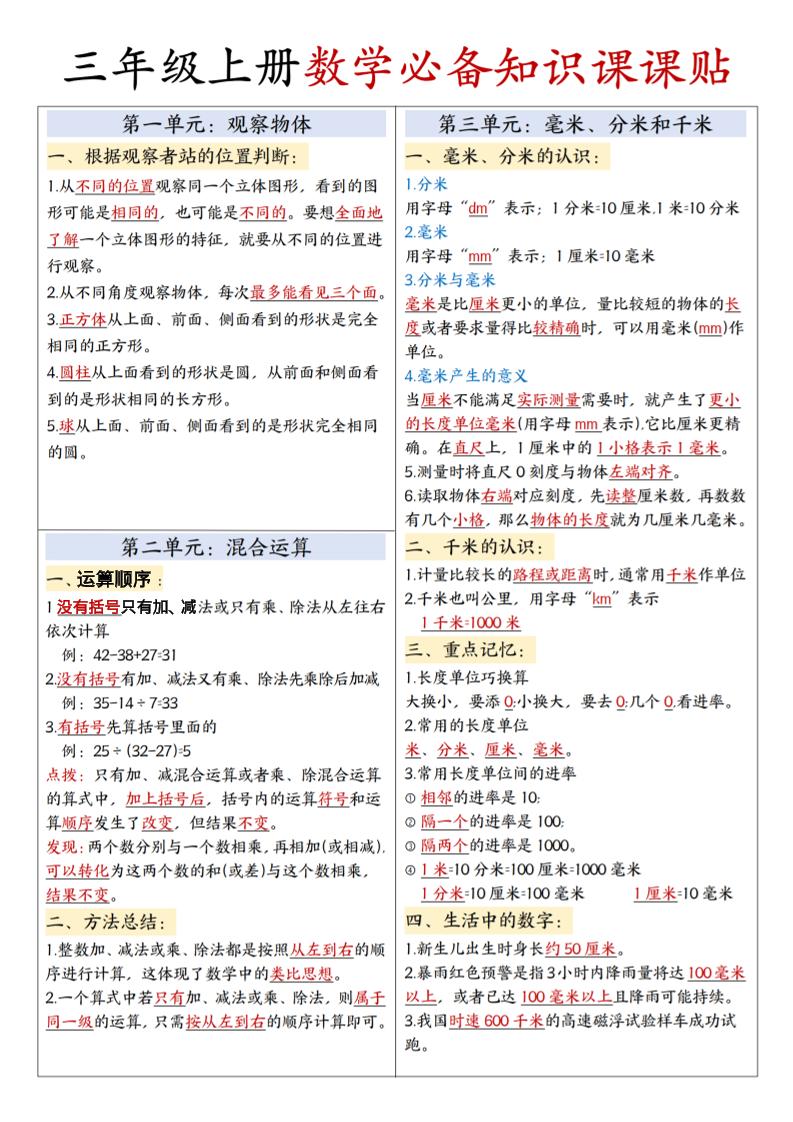 三上人教版数学【必备知识课课贴】