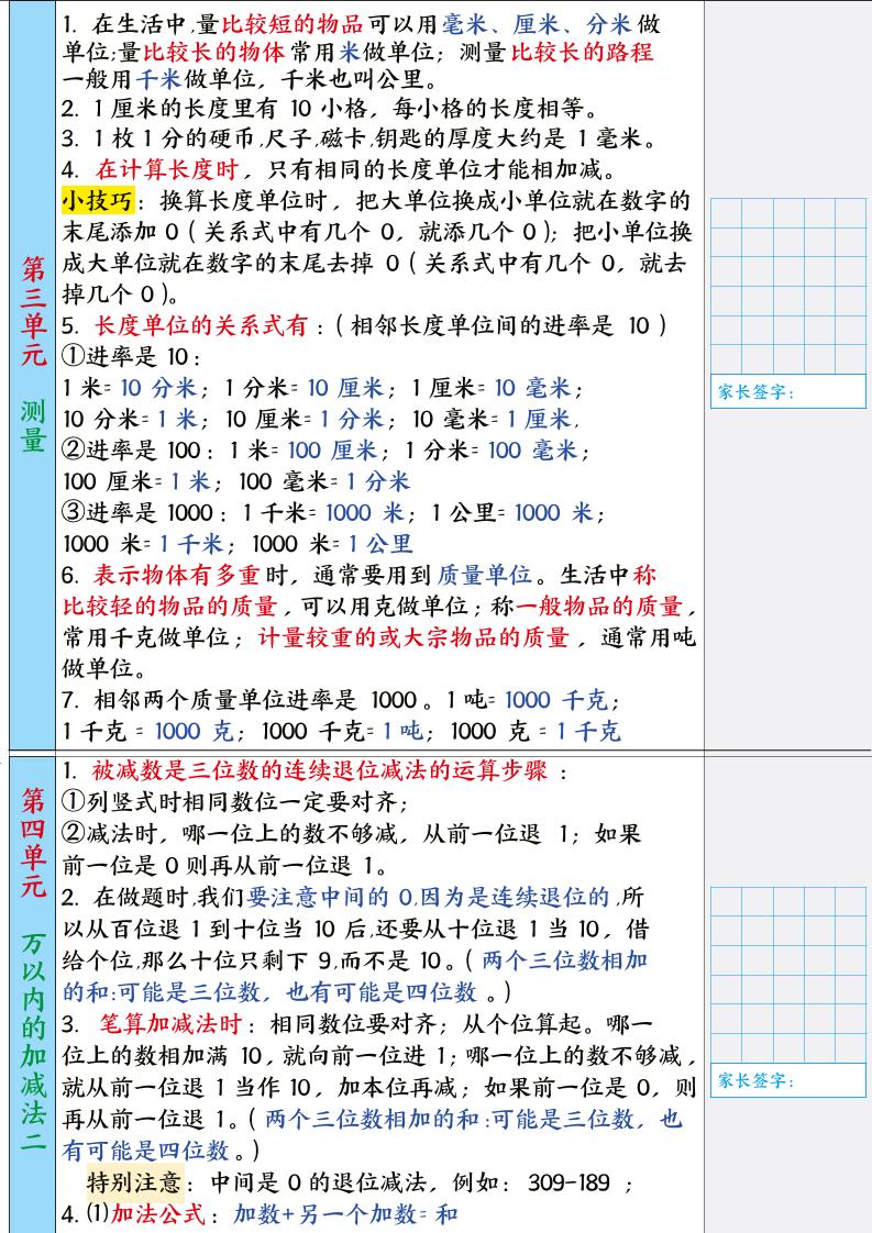 三年级数学上册暑假30天预习背诵表
